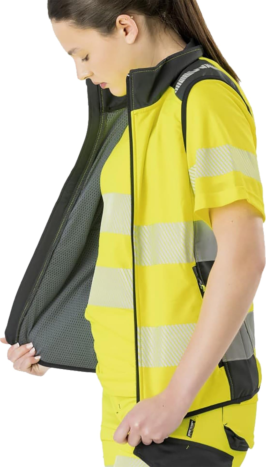 WORKTEAM Chaleco Softshell de Trabajo Alta Visibilidad, Cintas Reflectantes Discontinuas, Cortavientos, Impermeable e Interior de Alta Capacidad Térmica. Unisex