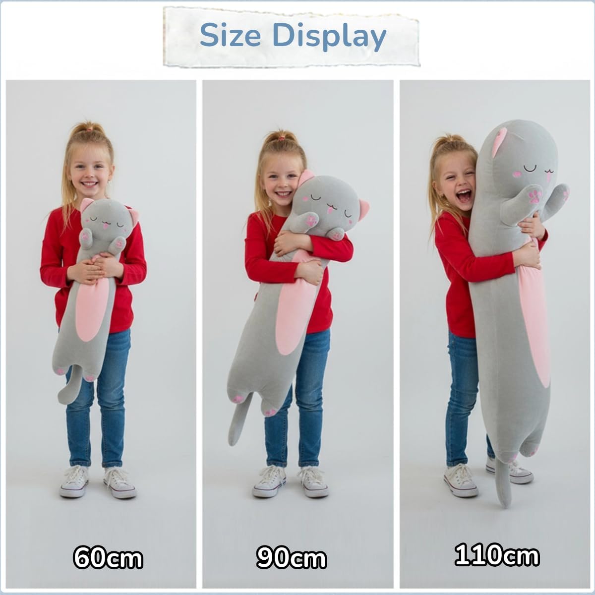Cat Plush, Soft Long Cat Plush Pillow, Cute Kitten Plushies Toy Stuffed Animal Kitty Hugging Pillow for Kids Boys Girls Room Decor (Gray, Sleepy Eyes, 110cm/43.31inch)