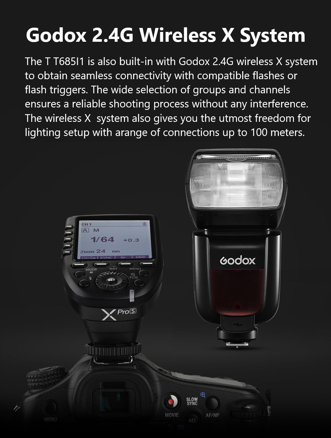 Diagram illustrating the flexible tilt and rotation angles of the Godox TT685II-S flash head.