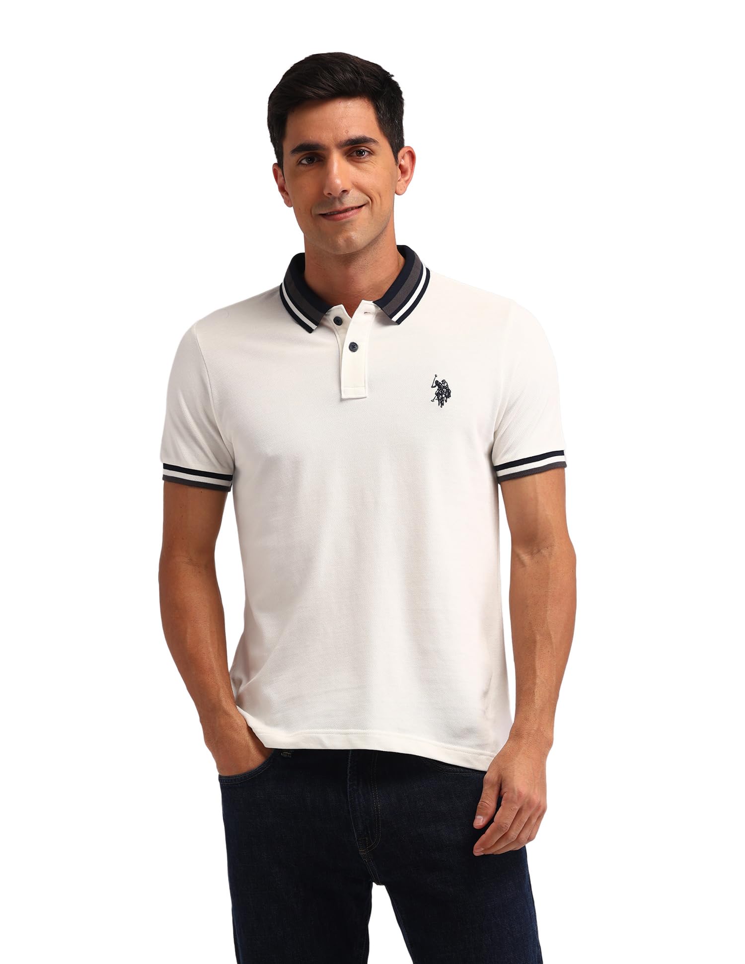 Denim Co. Mens White Solid Half Sleeve Cotton Fitted Polo Shirt-image-45