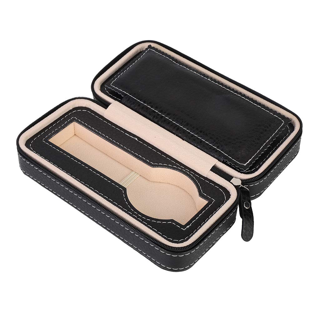 Betued Caja de almacenamiento de reloj negro, estuche portátil con cremallera para reloj de viaje, organizador de exhibición de joyería de 2 rejillas Estuche de cuero de PU Hombres Mujeres