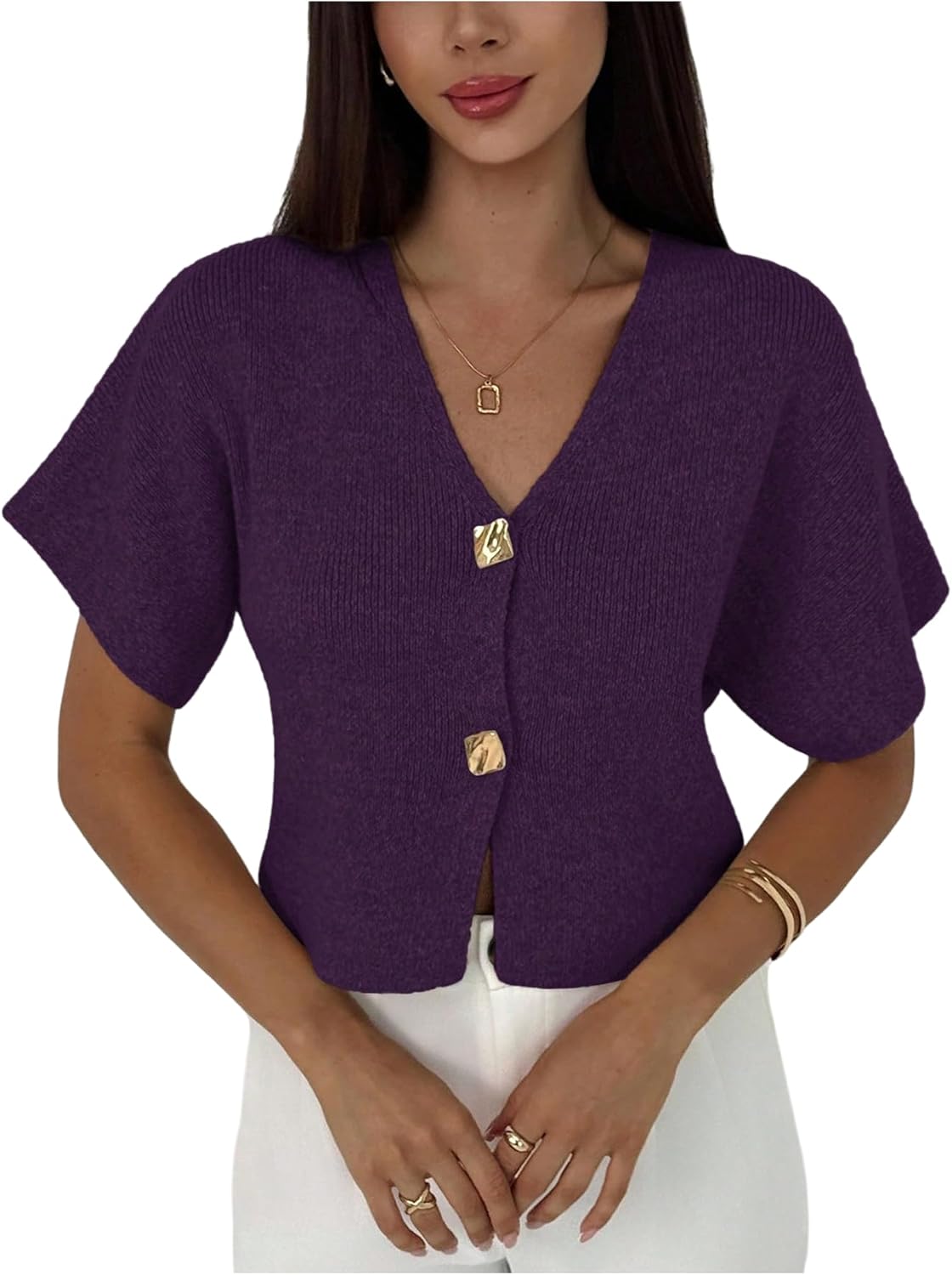 SOLY HUX Women's Short Sleeve Cardigan Sweater Spring Office Clothes Button Down V Neck Slim Fit Elegant Knit Tops