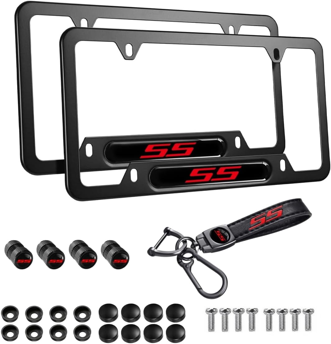 2PCS Black SS License Plate Frames Aluminum Alloy Car License Plate Holders Weather Proof License Plate Cover with Tire Valve Caps and Keychain Compatible with Camaro Malibu Cruze(SS-red)