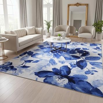 Contemporary Watercolor Style Floral Pattern Navy Blue Area Rug 12x14 Easy Clean Thick Traditional Oriental Rugs for Living Room Bedroom Diningroom Guestroom Kitchen Nursery Office Area Rugs