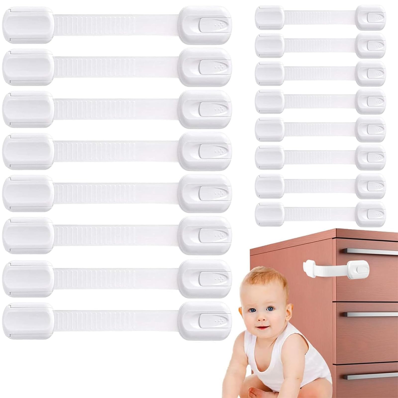 STAYOUNG16 Pack Child Safety Strap Locks Baby Locks for Cabinets and Drawers, Toilet, Fridge and More,3M Adhesive Pads, Easy Installation