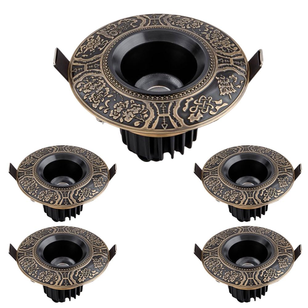 JKJZSALJ 5 Pack Style Led Recessed Lighting,3Cct Dimmable 3000K/4000K/6000K,10W Led Recessed,With Brass Pattern Led Led Can Lights,Brass Baffle Trim,Black