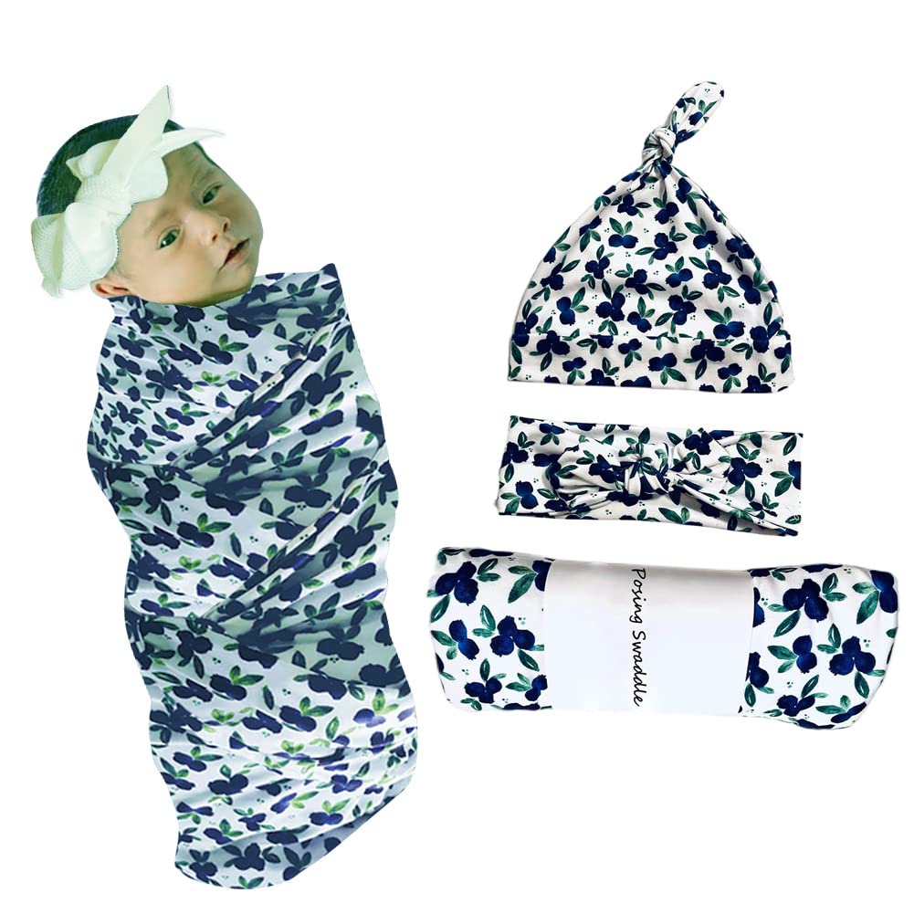Uposao 3Pcs Newborn Swaddle Blanket with Hat Headband, Swaddle Sleeping Bag Sack Baby Stroller Wrap Receiving Blankets for Boys and Girls Baby Girl Shower Gift