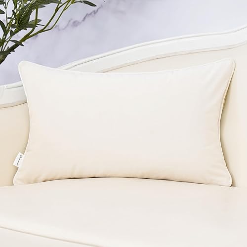 Miniatura 2 de Funda de cojín lumbar de terciopelo floral beige para sofá, dormitorio, sala de estar, decoración del hogar, 12 x 20 pulgadas