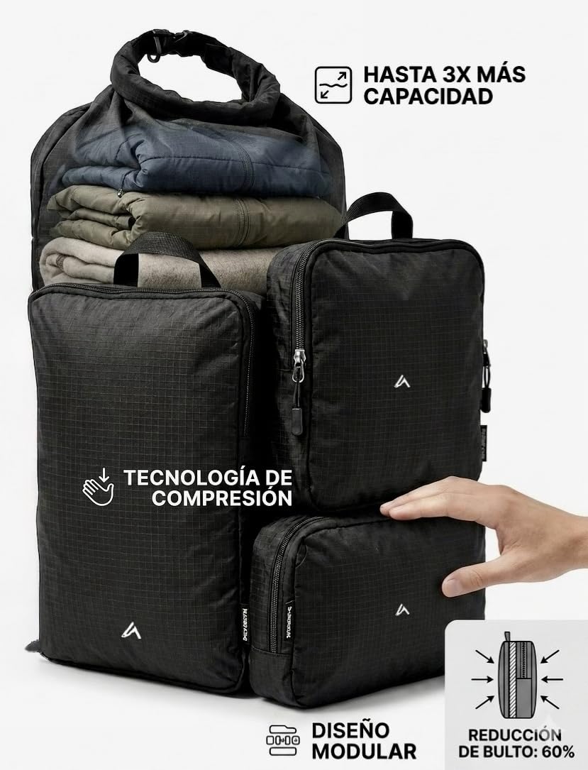 Mochilas de Viaje cabina avión para equipaje de mano de 35L, Unisex de 50x30x20. Travel backpack para Portátil de 15"-17". Mochila al vacío Hombre Mujer (ATMOS + SET 4 COMPRESOR+)