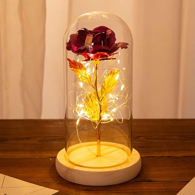 TYXSHIYE Forever Rose in Glass Dome, 24K Red Rose with 20 LEDS 2M/6.6ft String Light, 3PCS AAA Batteries Included for Christmas Thanksgiving Wedding Anniversary Mother's Day Valentine's Day