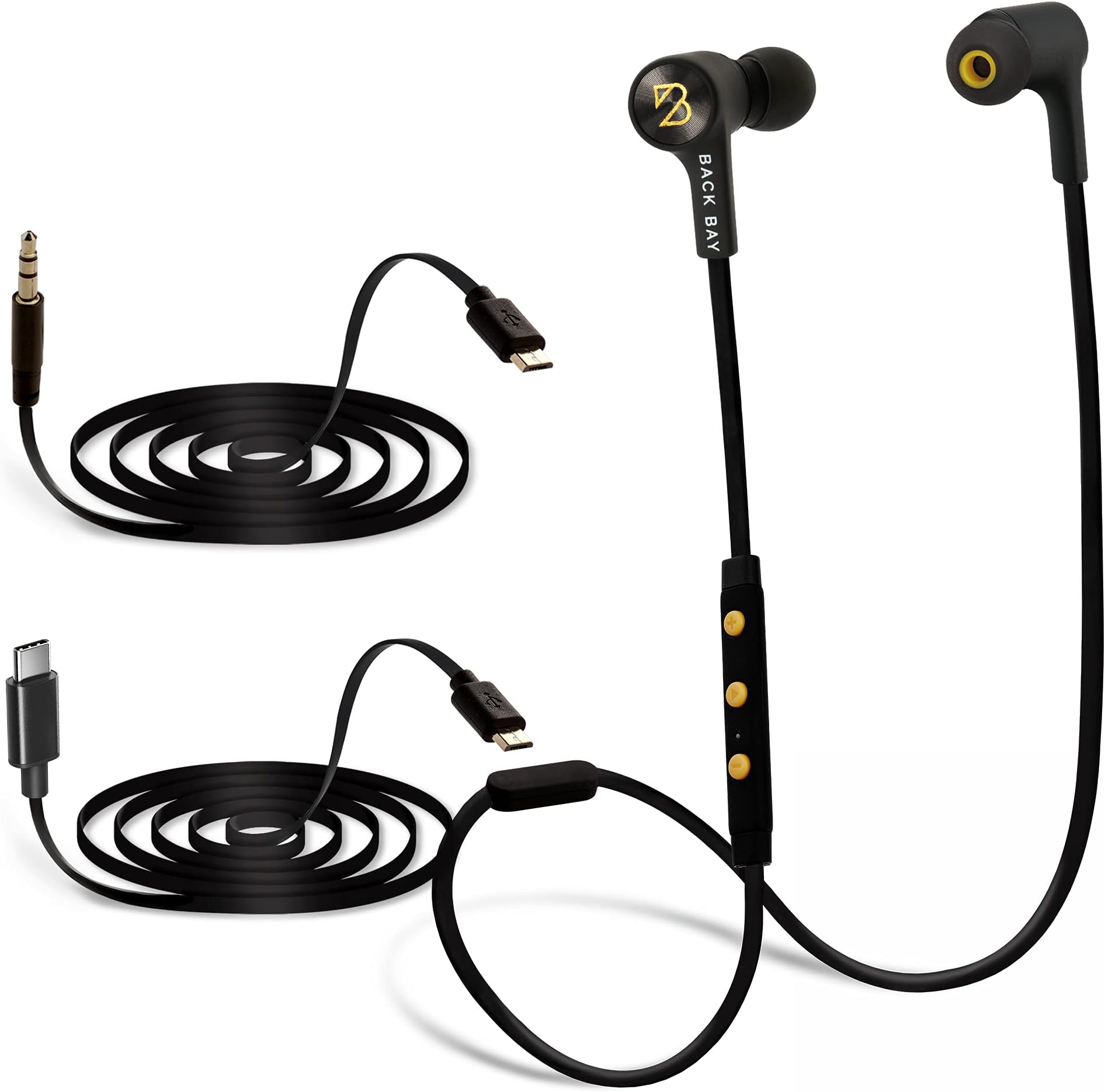 Back Bay 3-in-1 Wireless & Wired USB-C iPad Pro Earbuds [Bluetooth, USB Type C, Aux 3.5mm Cables], Sweatproof Headphones Bass Earphones. for Pixel, Samsung Note, Samsung Galaxy