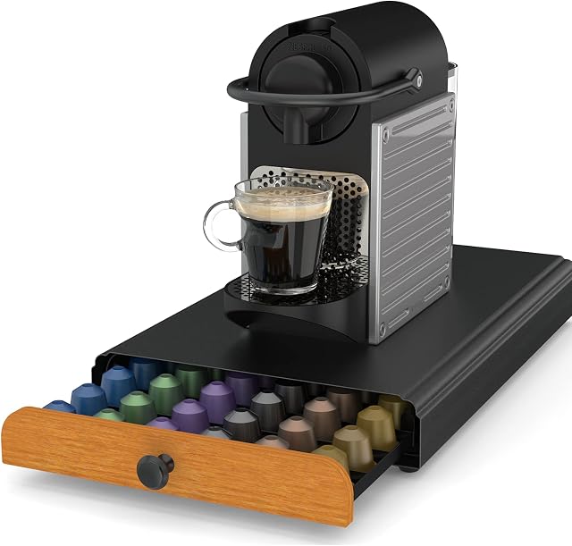 60 Nespresso Capsules Drawer Pod Holder for Original Machine, Metal Coffee Pod Storage with Sliding Drawer Storage & Coffee Machine Stand with Non Slip Feet-Black