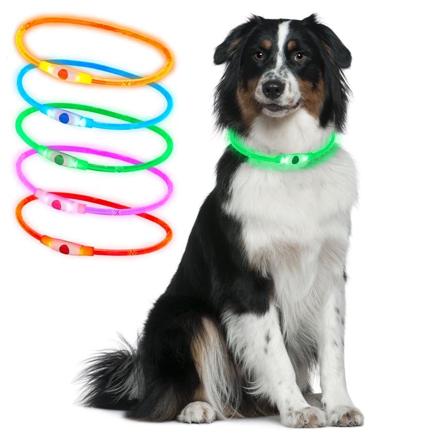 Ultra Green Silicone 70cm LED Light Up Dog Collar Cut to Size Rechargeable 3 Settings Large Dogs Medium Dogs Small Dogs Puppies Cats Flashing Dog Collar Lights for Night Safety USB Charging Collars