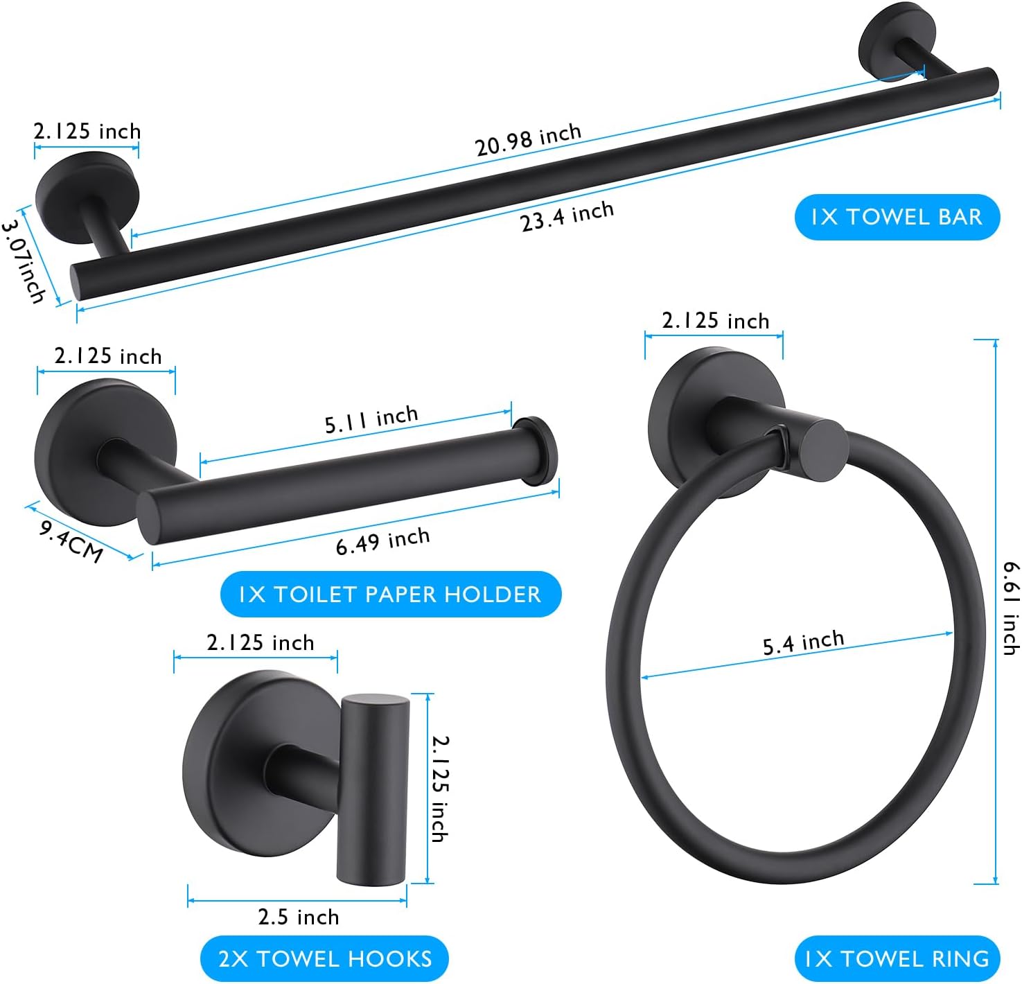 Bathroom Hardware Set 5 Piece, Matte Black Towel Bar Set, 24 Inch 304 Stainless Steel Bathroom Towel Holder Set for Modern Bathroom, Heavy-Duty & Rust-Resistant Bathroom Storage Solution (Matte Black)