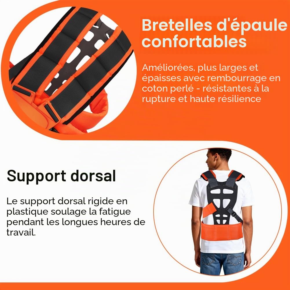 Harnais Debroussailleuse Double-Épaule Réglable, Universal Strimmer Harness Padded, Confortable Double Sangle d'épaule, pour Gardenning, Tondeuse et Débroussailleuse(Orange et Noir)