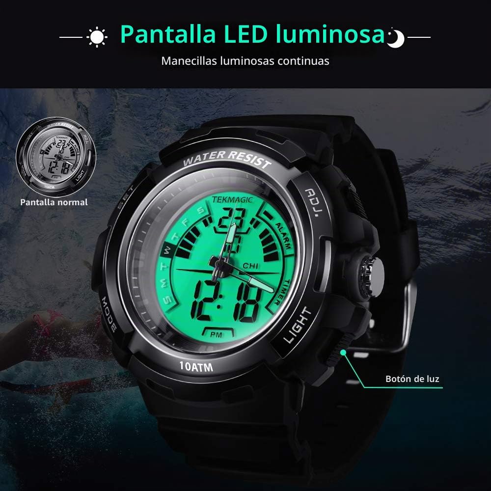 10 ATM Submarino Luminoso Reloj de Buceo Deportivo con Alarma y Funciones de Cronómetro Sumergible, Soporte la Visión de Doble Zona Horaria, Movimientos Digitales y Analógicos, Formato de 12/24 Horas