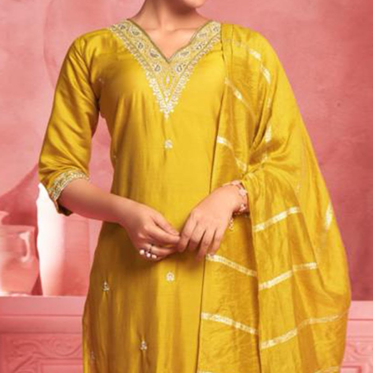 Lookmark Women's Pure Cotton Straight Kurta Pant Dupatta Set With Elegant Embroidery - Perfect For Every Occasion (Az-Lm-Og-Ks2105-M, Kurta Set, Yellow)