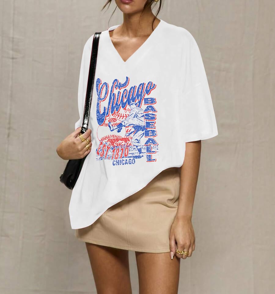 FLOYU Oversized Chicago Baseball Shirt Women Baseball SeasonTops Chicago Fan V Neck Short Sleeve Shirt2