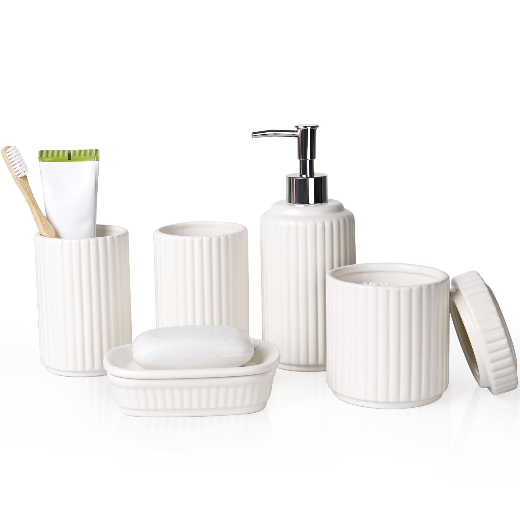 NOVAJOY Set da bagno in ceramica – 5 pezzi, organizer da bagno con dispenser di sapone, portasapone, porta spazzolino, contenitore di cotone, set di decorazione da bagno di alta qualità (beige bianco)