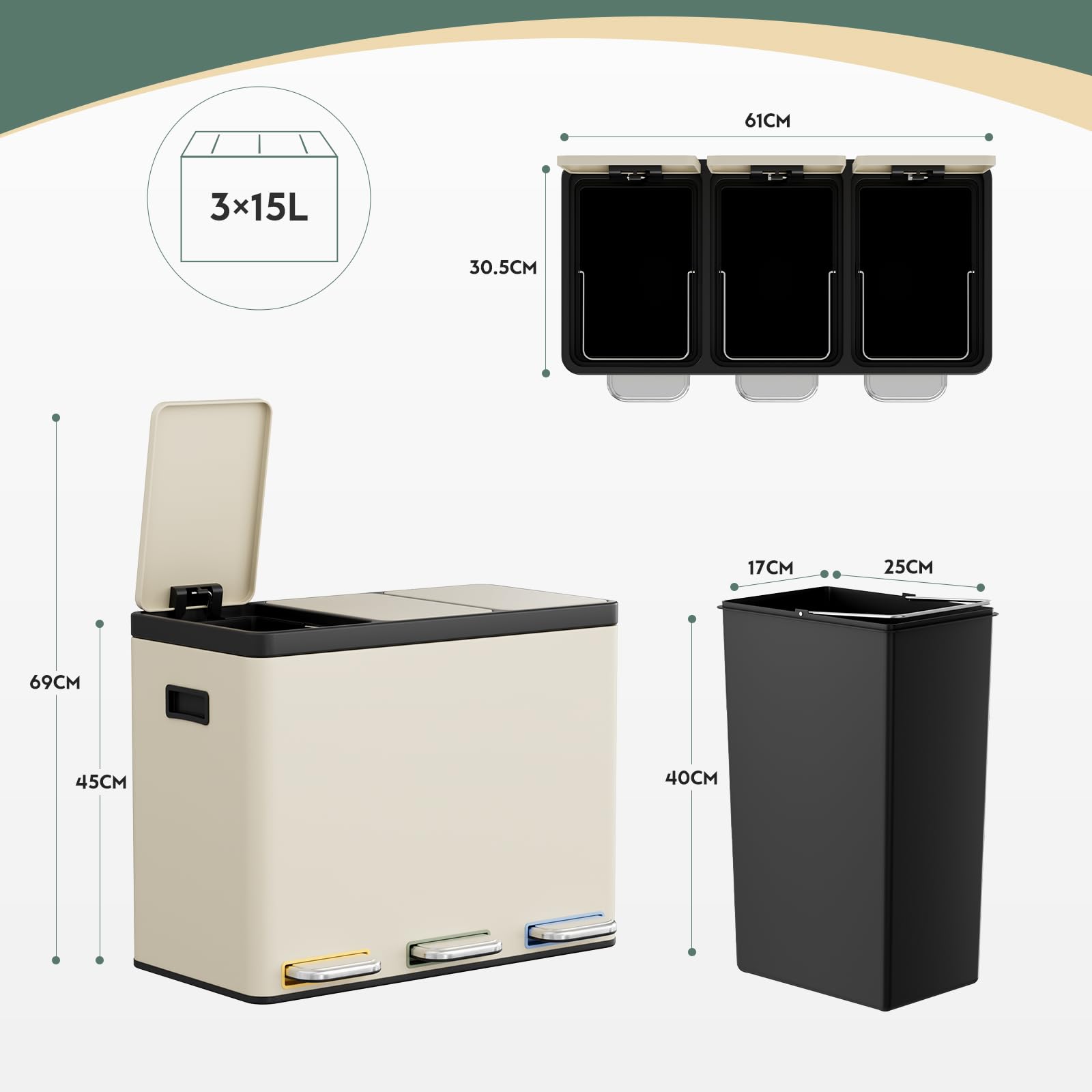 Clevich Mülltrennsystem 3×15L aus Stahl, Mülleimer 3 Fächer mit farbcodierten Pedalen, Abfalleimer mit Soft-Close-Deckeln und Inneneimern, Beige