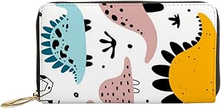 Carteiras femininas de couro legítimo desenhadas à mão com dinossauros coloridos porta-cartão de crédito com zíper organizador de bolsa feminina longa de viagem, Dinossauros coloridos desenhados à mão, 7x4.3x0.8 Inches