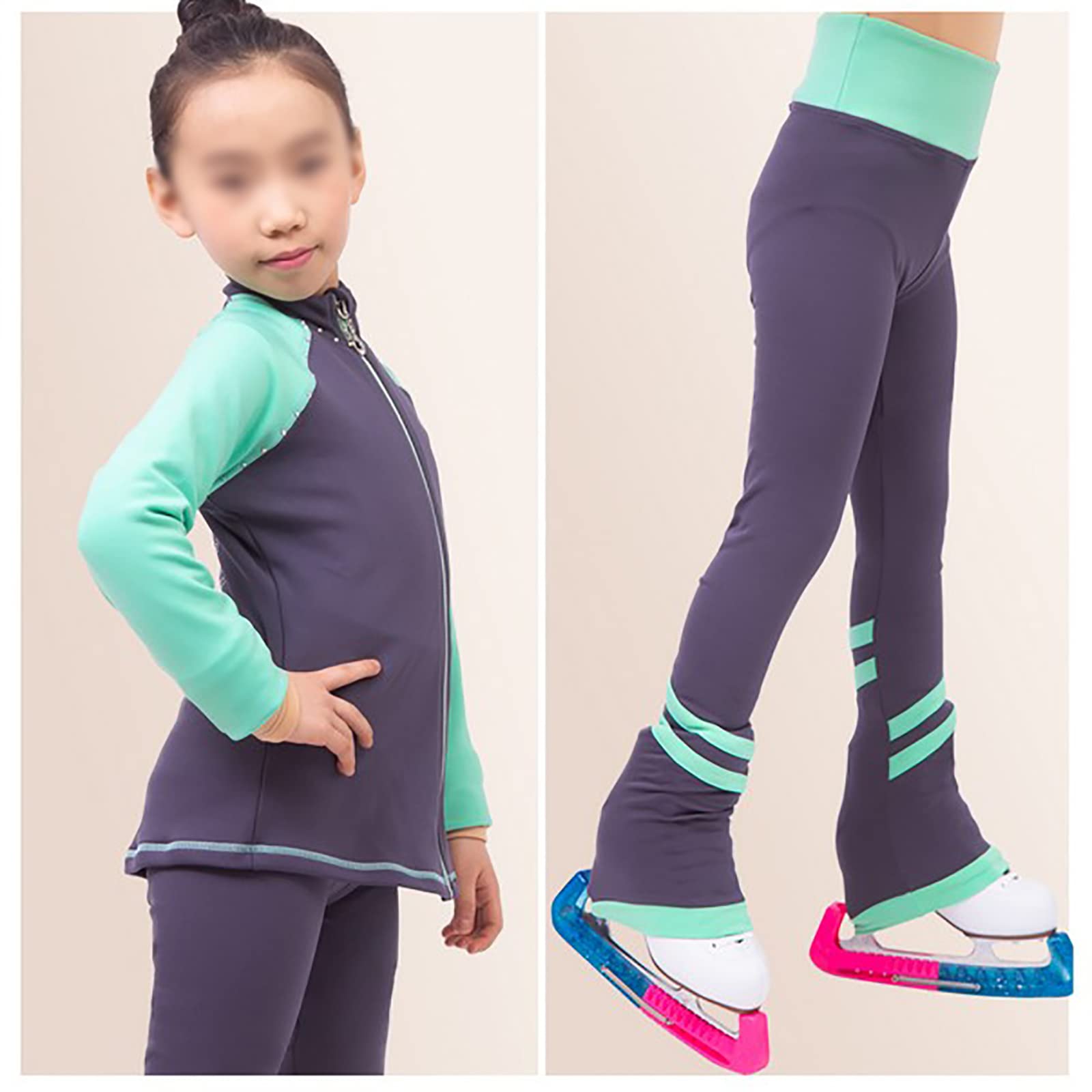 Chaqueta de Patinaje Artístico con Pantalones Mujer Elástico Ropa de Patinaje sobre Hielo Competición Entrenamiento con Pedrería(Size:S,Color:Verde)