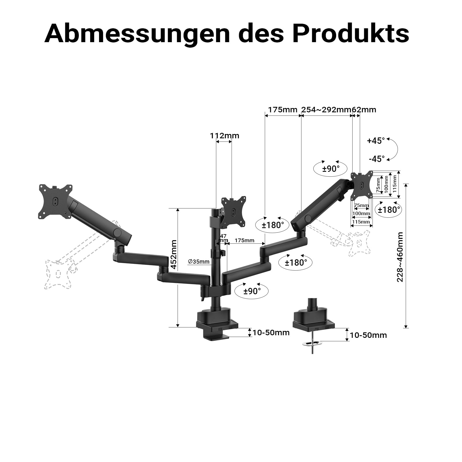 Wiltec Dreifach Monitorhalterung Schreibtisch mit 360° VESA-Platte, Bildschirmhalterung bis 9 kg pro Monitor, Monitorhalter mit Tischklemme