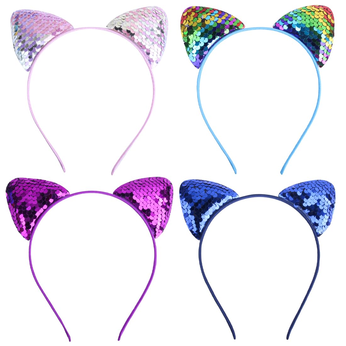 4 Pcs Glitter Cat Ears Headband Diademas con Orejas de Gato Coloridas Diademas Orejas de Gato Brillantes con Lentejuelas Diademas de GatoAccesorios Adorables para Fiestas y Disfraces Halloween