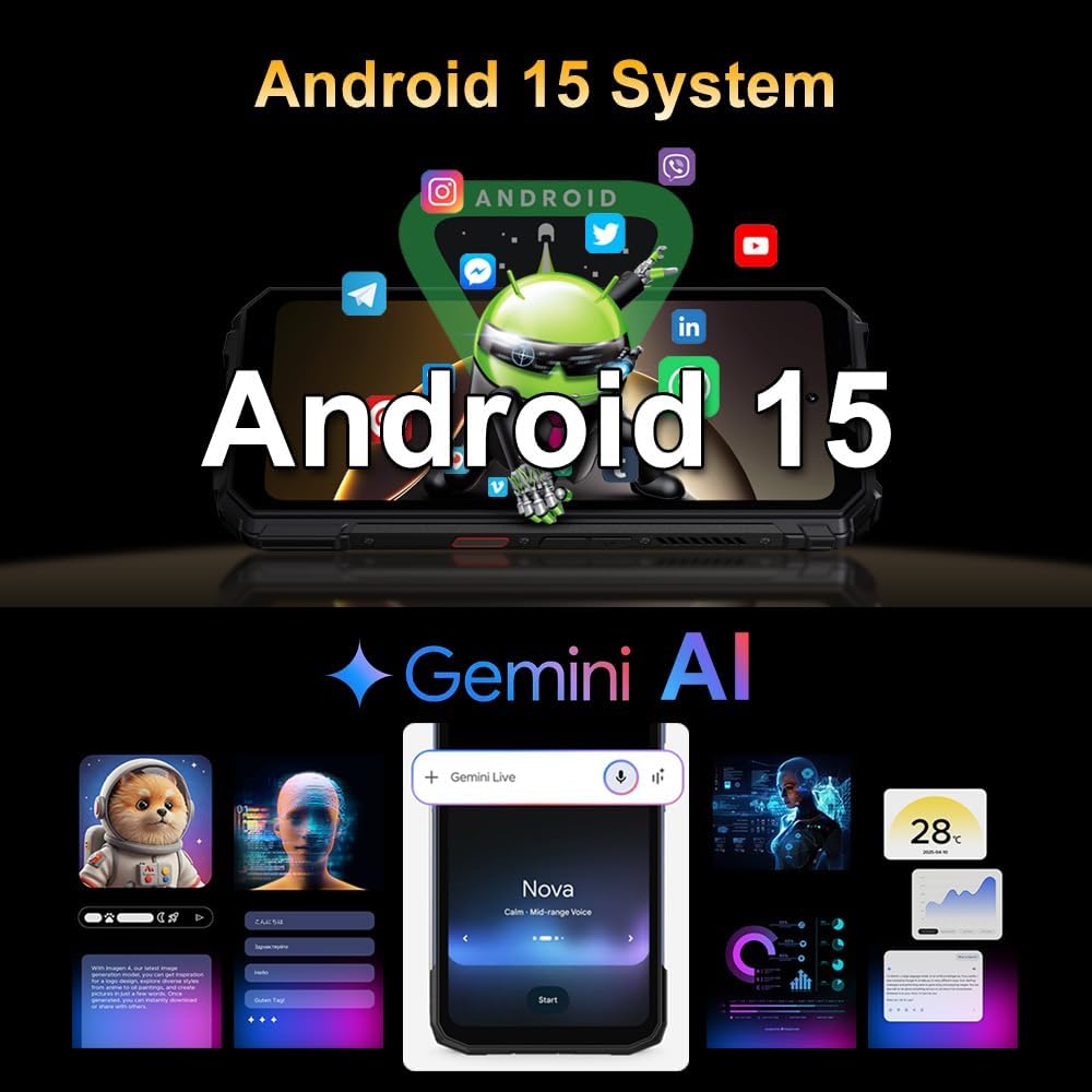DOOGEE V Max Play displaying Android 15 system interface with Gemini AI features.