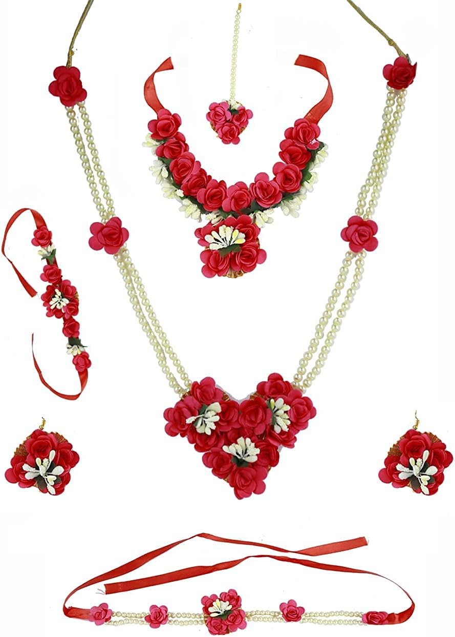 Anuradha Art JewelleryAnuradha Art® Red Colour Artificial Flower jewellery Combo Set | Artificial Flower jewellery | Floral jewellery For Woemn | Mehndi, Haldi,Baby Shower jewellery Set