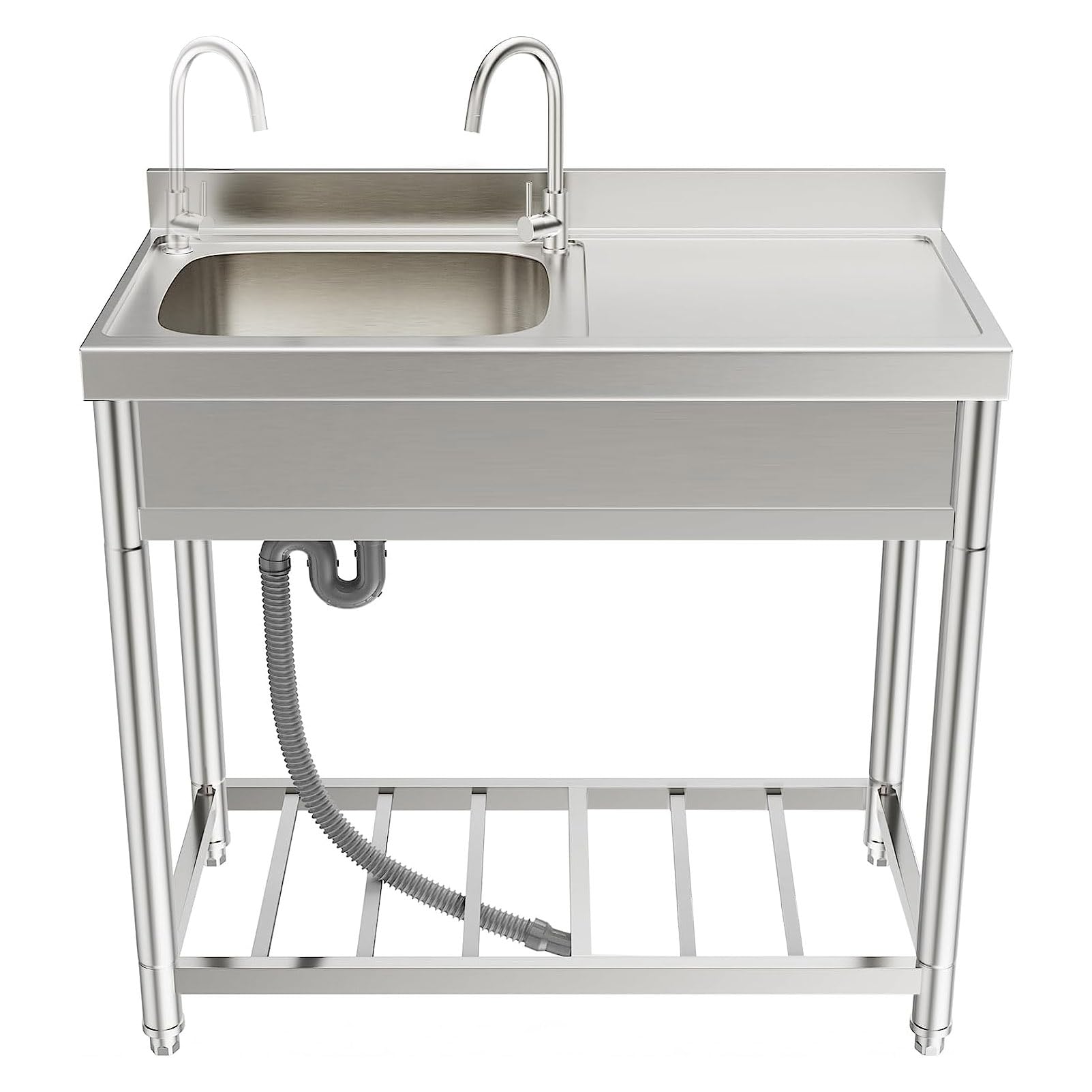 YADZISW Outdoor Utility Sink Washing Hand Basin Freestanding Commercial Kitchen Single Bowl with Drainboard Storage Shelves for Indoor