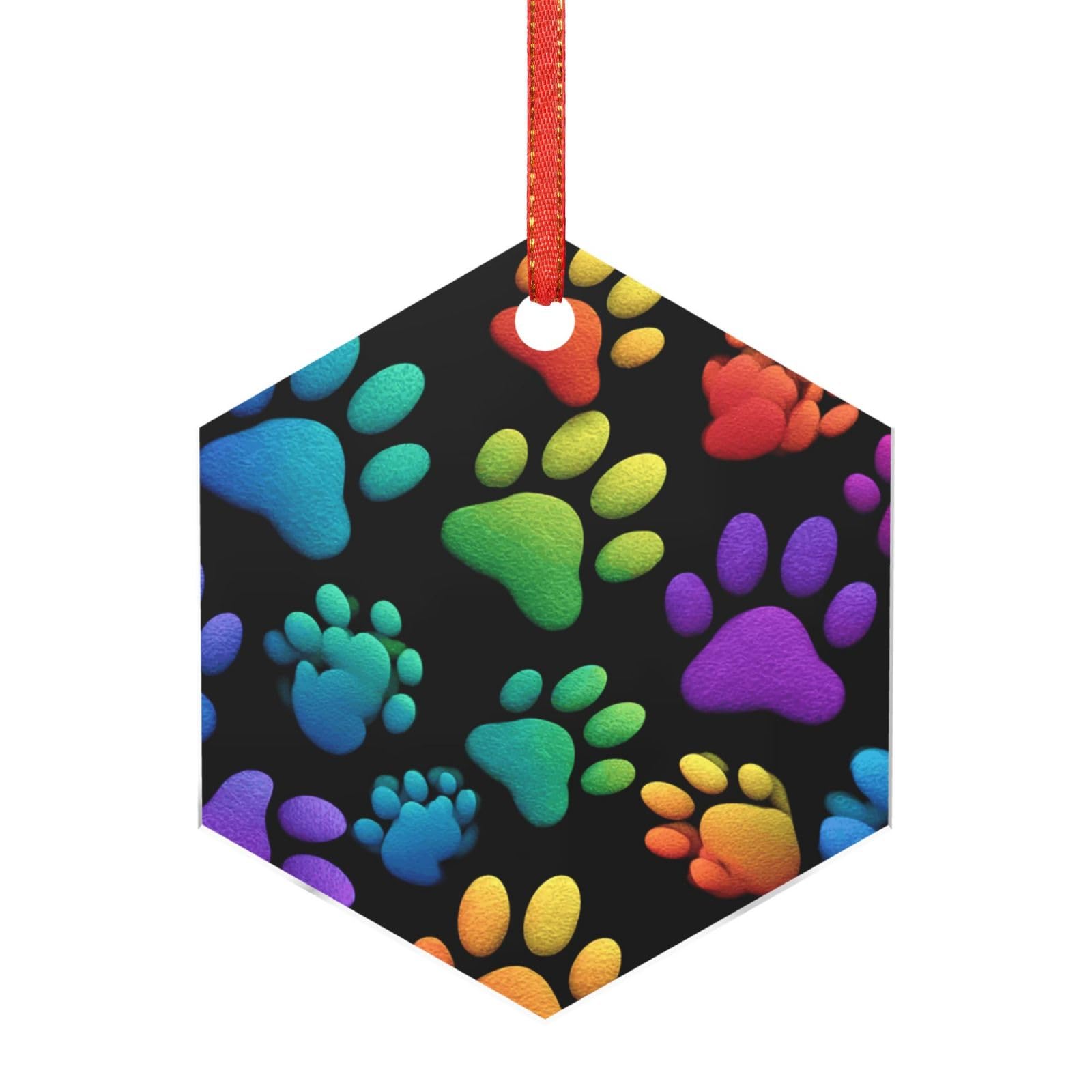 Acrylic Ornament Christmas Tree Decoration Clear Round Pendant with Red Ribbon Colorful Paw Print Christmas Ornaments Indoor Outdoor Hanging Acrylic Pendants for Xmas Party Decor