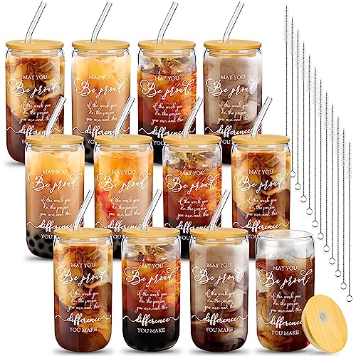 Purpeak 12 Set Employee Appreciation Gifts Thank You Gifts for Staff Coworker Thank You Glass Cups 16 oz Can Shaped Beer Glass with Lids Straws Brushes for Teacher Nurse(May You)