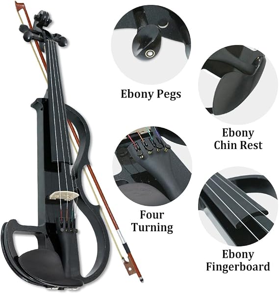 4/4 Full Size Electric Violin Silent Electric Violin with Headphone Jack, Ebony Fittings Includes Case, Bow, Ideal for Practice & Performance (Black)