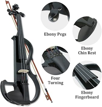 4/4 Full Size Electric Violin Silent Electric Violin with Headphone Jack, Ebony Fittings Includes Case, Bow, Ideal for Practice & Performance (Black)