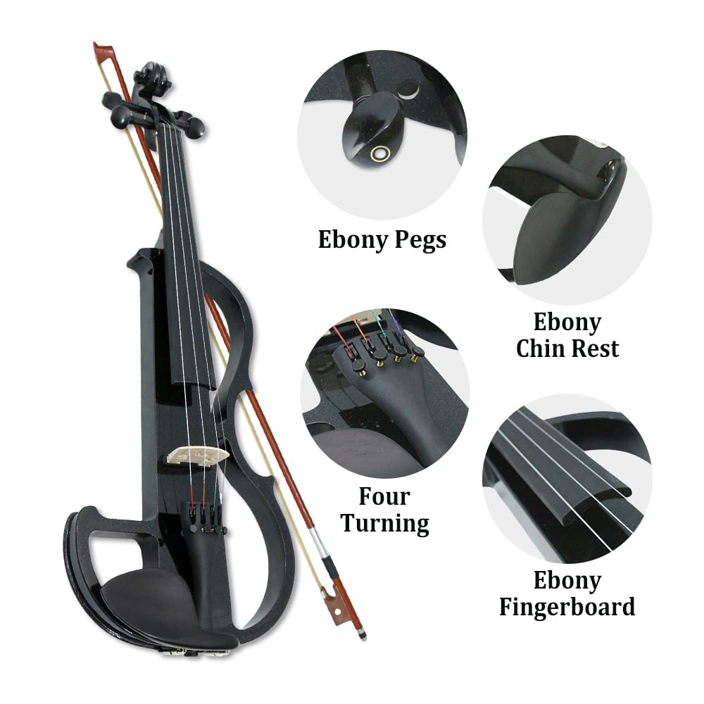 Violino elettrico 4/4 full size - Violino elettrico silenzioso con jack per cuffie, accessori in ebano - Include custodia, archetto - ideale per pratica e performance