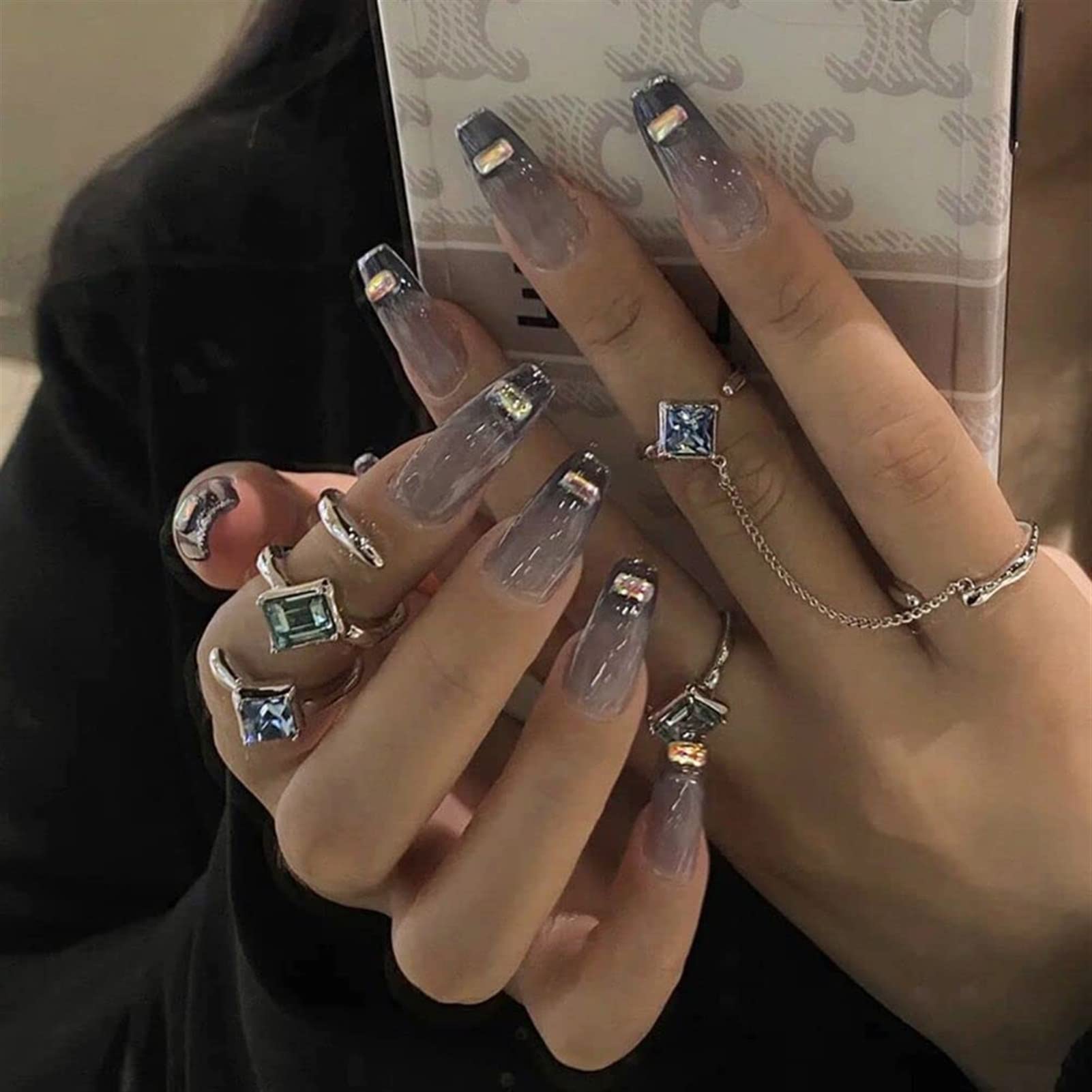 24pcs Press On Nail Medio Lungo Staccabile Jelly Gradient con Design Unghie finte Ballerina indossabile Unghie finte Copertura Completa Nail Tips per Le Donne Nails Art