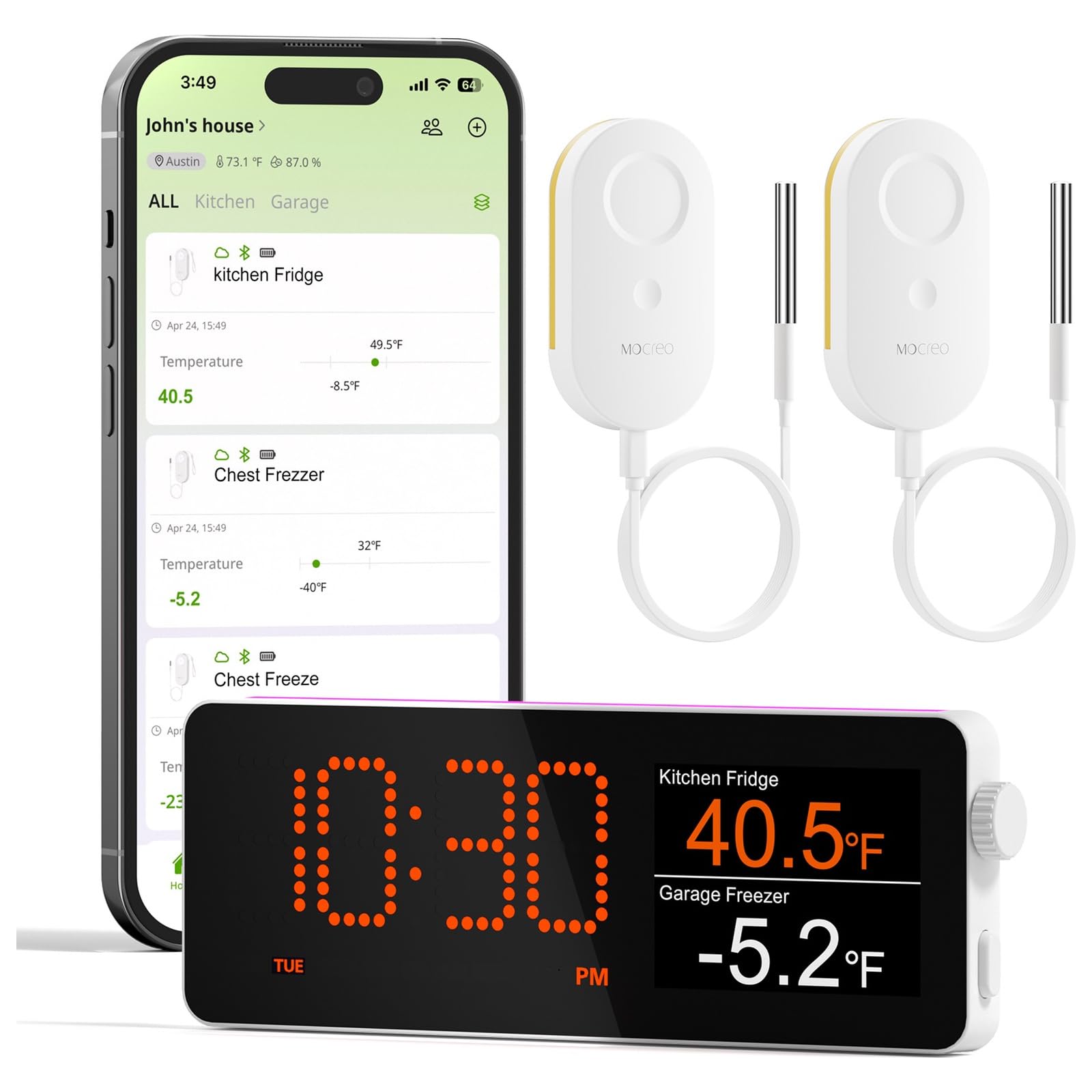 MOCREO - Lot de 2 thermomètres WiFi pour réfrigérateur et congélateur, alerte à distance, journalisation sur 2 ans, capteur intelligent