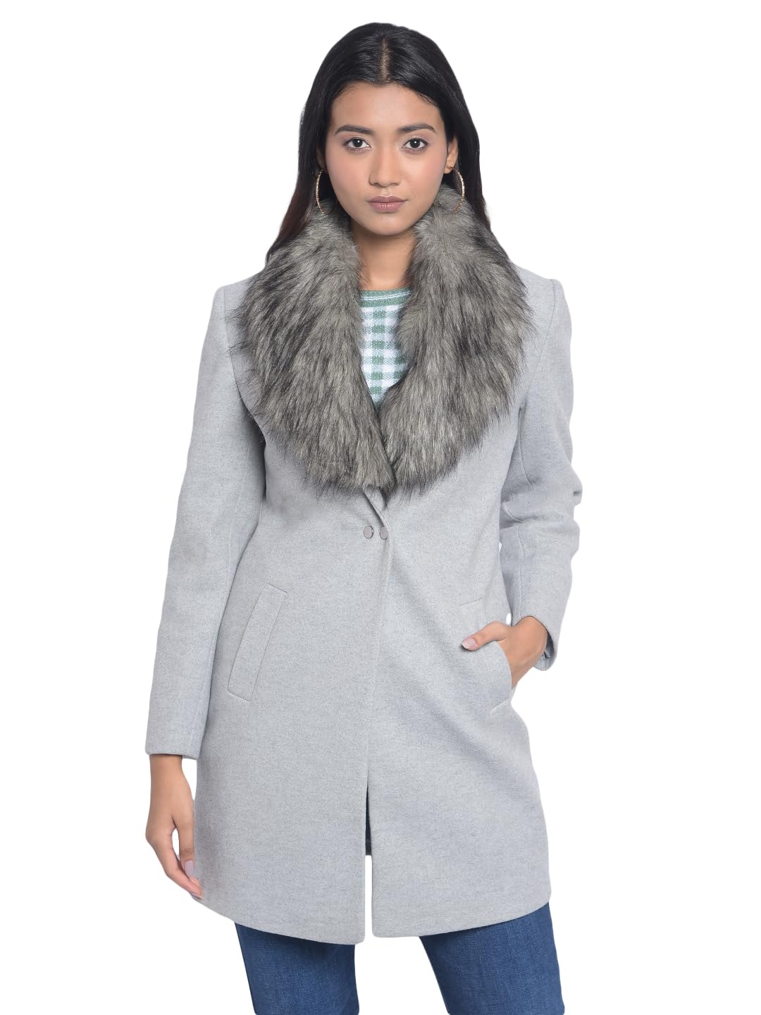 crimsoune club Women's Grey Faux Fur Detailed Overcoat-picture-30