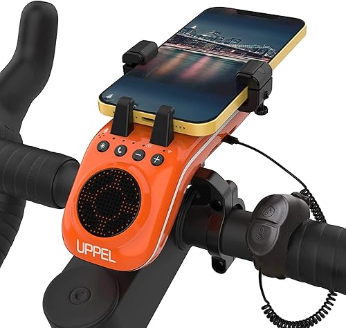 Miniatura 9 de UPPEL Soporte de teléfono para bicicleta, soporte multifuncional para teléfono, altavoces Bluetooth para bicicleta, 10 en 1, luz LED, micrófono de