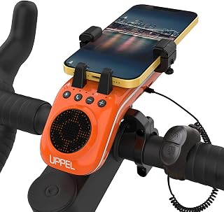 UPPEL Bluetooth Speaker Bicycle, Multifunctional Bike Phone Holder 10-in-1- LED Light - Power Bank - Bike Horn - Microphone - Ideal for Road & Mountain Bike - Extreme & Casual Cycling-Orange