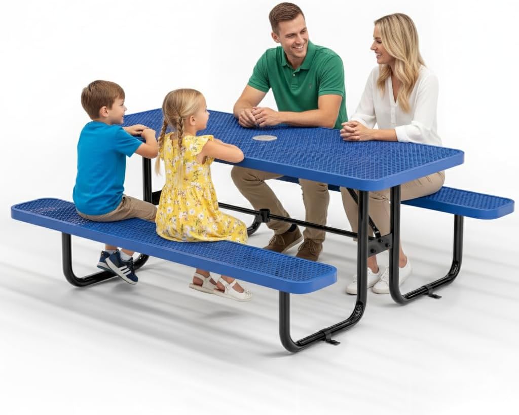 Commercial Heavy-Duty Metal Picnic Table - ADA Compliant, Adjustable Seats, Umbrella Hole, Expanded Metal (Blue, 6' Rectangular)