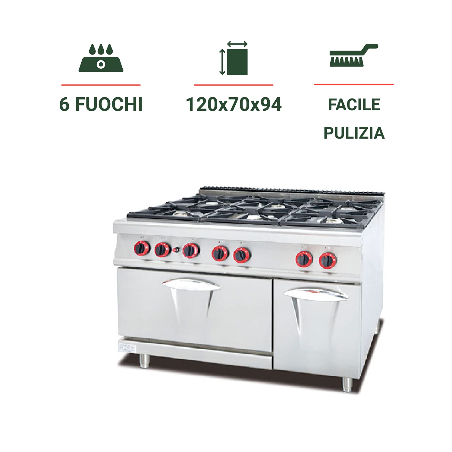 Ristoattrezzature Cucina A Gas Professionale 4 Fuochi 23 KW – Vano Chiuso 80x70 Cm, Acciaio Inox
