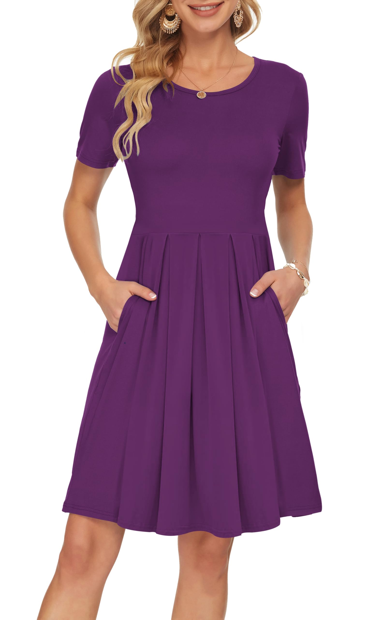 AUSELILY Women's Short Sleeve Pleated Swing Summer Dress with Pockets