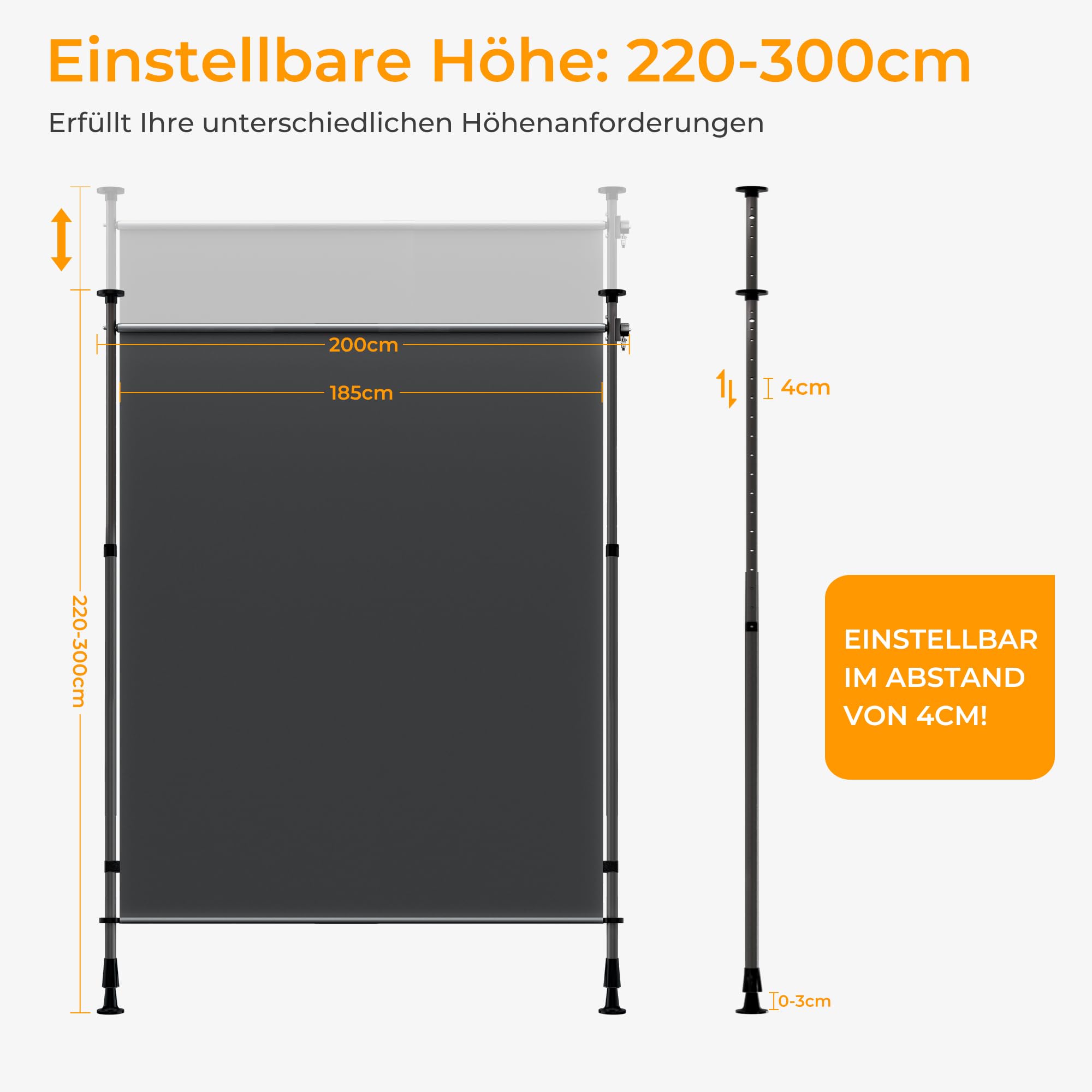 HOMEDEMO Senkrechtmarkise Außen, Vertikalmarkise ohne Bohren, Balkonrollo mit Einstellbare Handkurbel, Sichtschutz Sonnenschutz Windschutz, 120x(220-310) cm, Garten, Stoffbreite 105.5 cm, Anthrazit