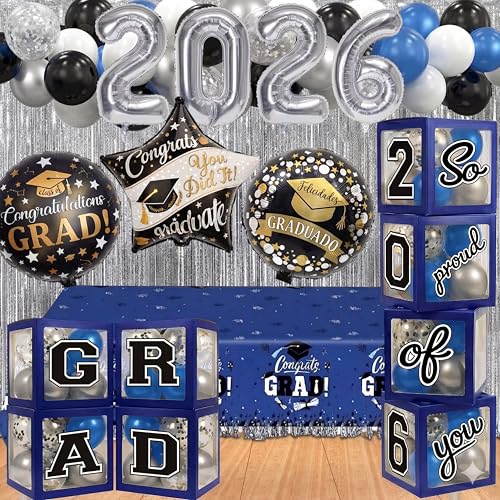 Image of Blue and Silver Graduation Decorations Class of 2026 - Graduation Balloon Boxes, Balloon Arch Garland Kit, Fringe Curtains, Party Decorations 2026 for Any Grades
