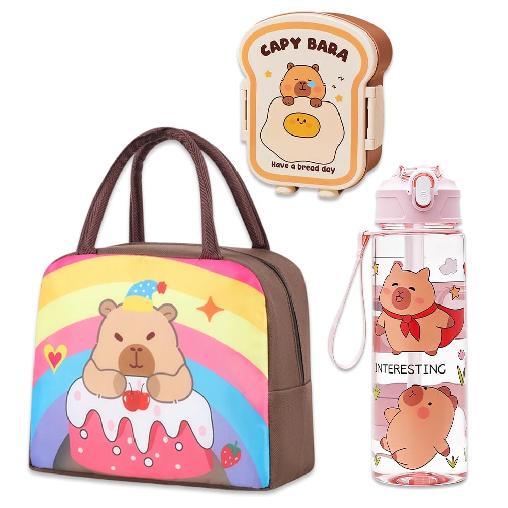 Vexthorion Capybara Lunch Bag Set 3 Pcs, Bento Box & Leak Proof Water Bottle with Straw for Adults,Insulated Thermal Food Carrier Bag for Office School Picnics, Leak-Proof BPA Free Brown (Capybara-5) — image 1