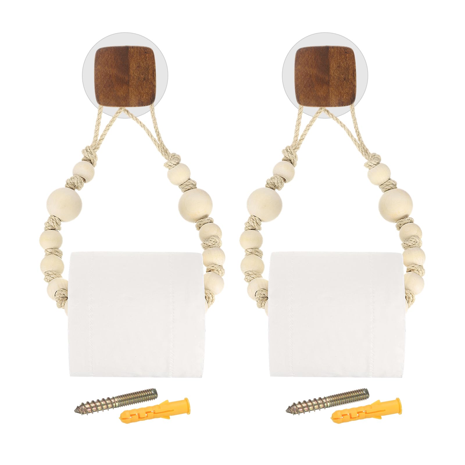 uxcell 2 Pcs Wood Jute Rope Toilet Paper Holder for Bathroom Decor,Square/Walnut Color
