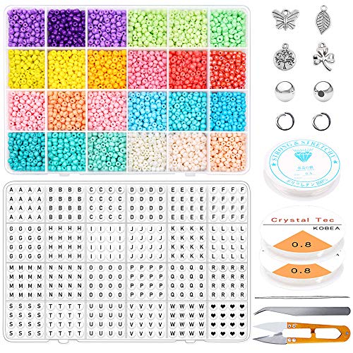7200pcs 4mm Glass Seed Beads Kit,24 Multicolor Small Pony Seed Beads with Open Jump Rings,Jewelry Pendants,Elastic String and Scissors for DIY Earring Friendship Bracelet Jewelry Making Supplies