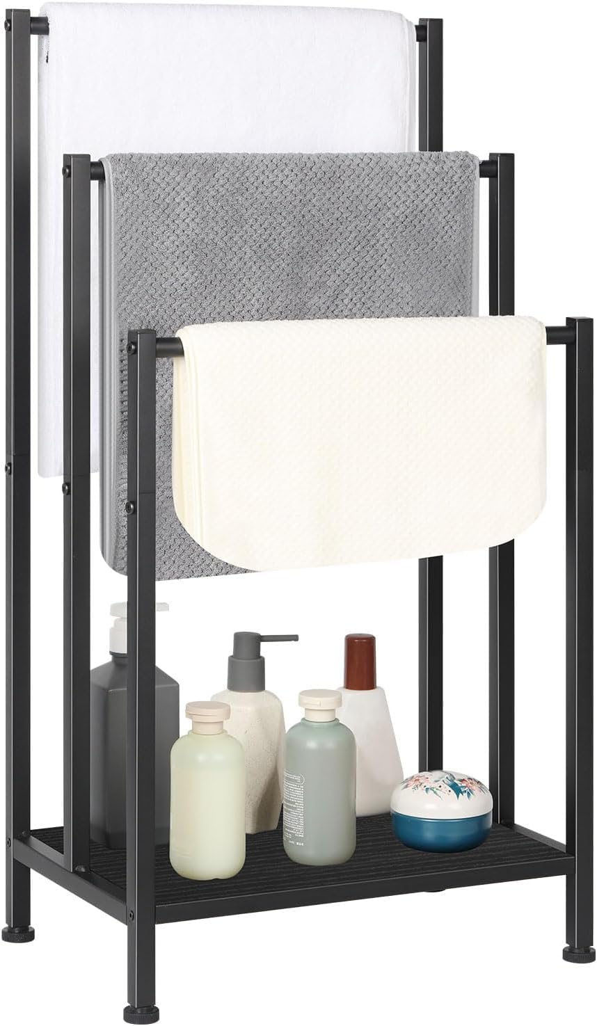 Free Standing Blanket Ladder Holder Rack, 3 Tier Black Metal Towel Racks Stand with Wooden Storage Shelf, Multipurpose Towel Drying Holder stand for Bath & Blanket, Washcloths, Tub or Shower Organizer